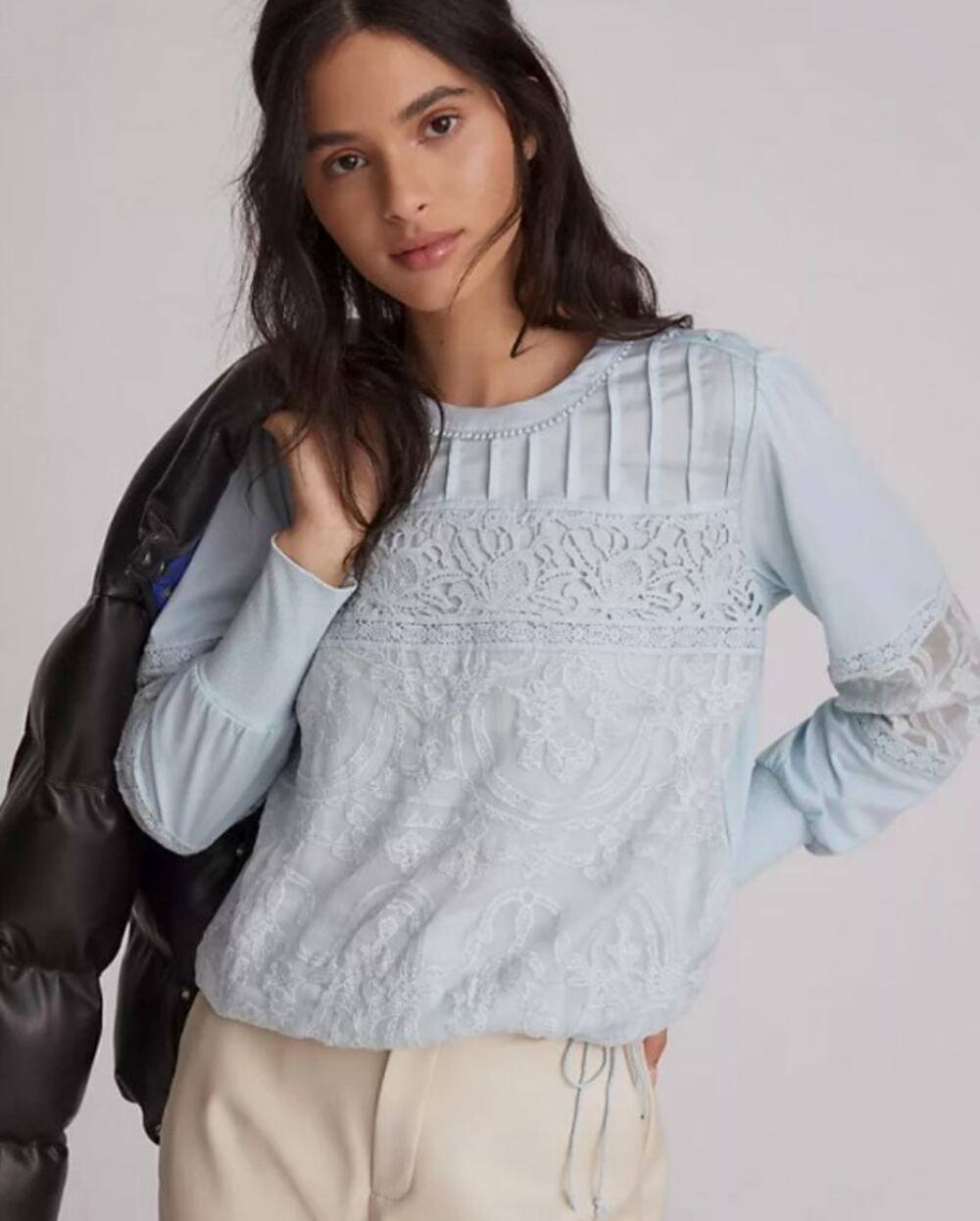Anthropologie Tiny Pastel Blue Long Sleeve Pleated Crochet Lace Top Size Large